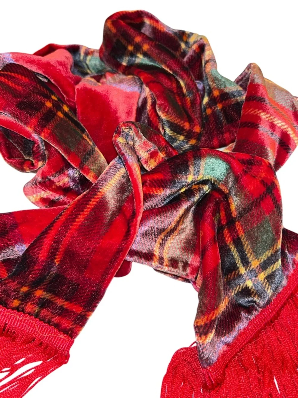 Velvet Fall HOLIDAY Stewart Plaid silk fringe trim scarf